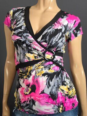 Y2K V Neck Top Hot Pink Black Round Buckle Size S Mcbling Short Sleeve Floral